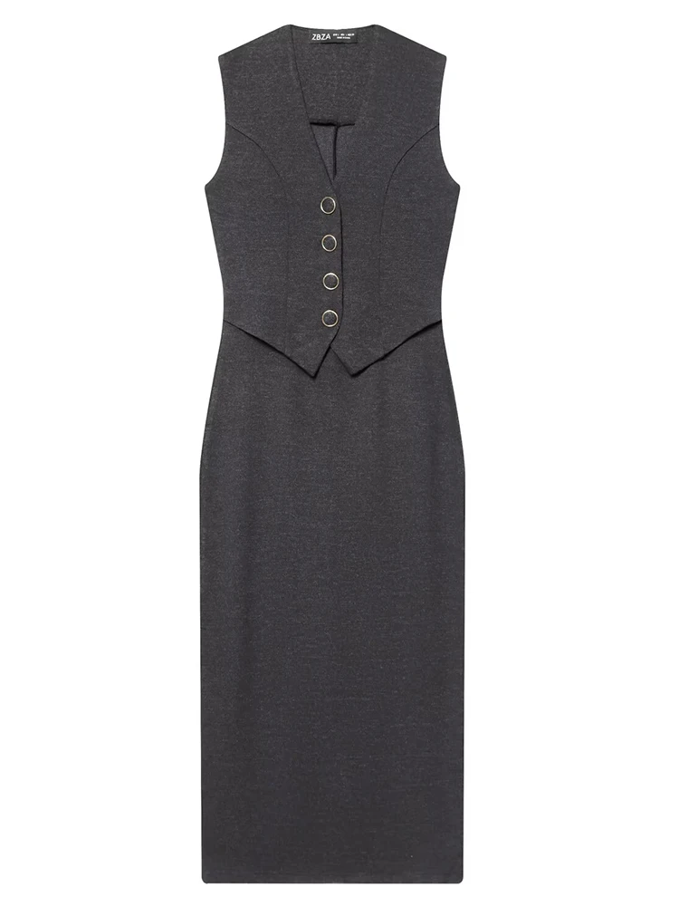 เดรสผู้หญิงทรงเวสต์แบบต่อผ้า ชุดเดรสยาวสำหรับฤดูใบไม้ผลิและฤดูร้อน ปี 2026 ติดกระดุม แขนกุด คอวี ความยาวปานกลาง สไตล์ลำลองสำหรับใส่เที่ยว