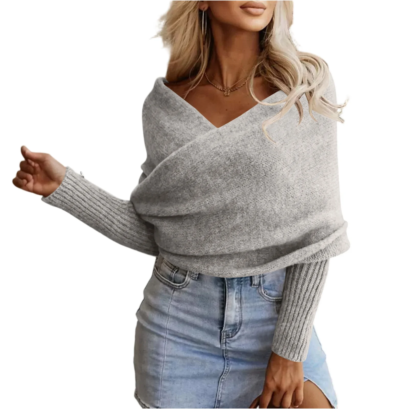 

YHOPE женский свободный повседневный вязаный свитер с открытыми плечами, однотонный