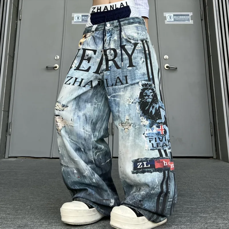 ANJY Spring Autumn New Women 3D Digital Print Graffiti Letter Design Jeans Stylish Streetwear Loose Wide-Leg Denim Pants A21826