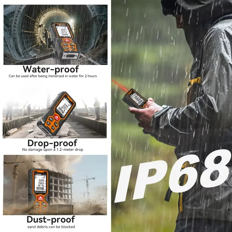 Laser Distance Measure Handheld Tools with Rangefinder Ip68 Waterproof M/ft/in Sw--wr LCD Rechargeable Distance Meter