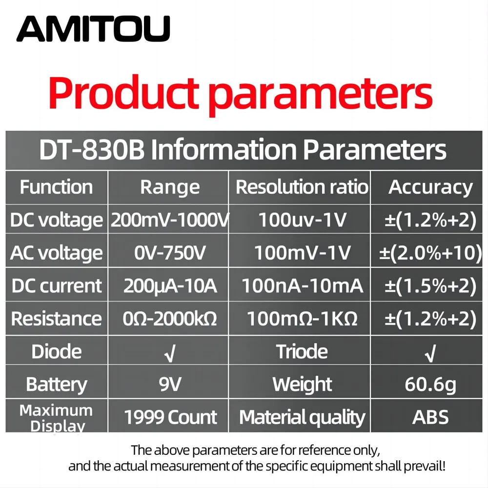 AMITOU DT830B Digital Multimeter AC/DC LCD Mini Voltmeter Ammeter Ohm Tester 750/1000V High Safety Handheld Meter With Probe