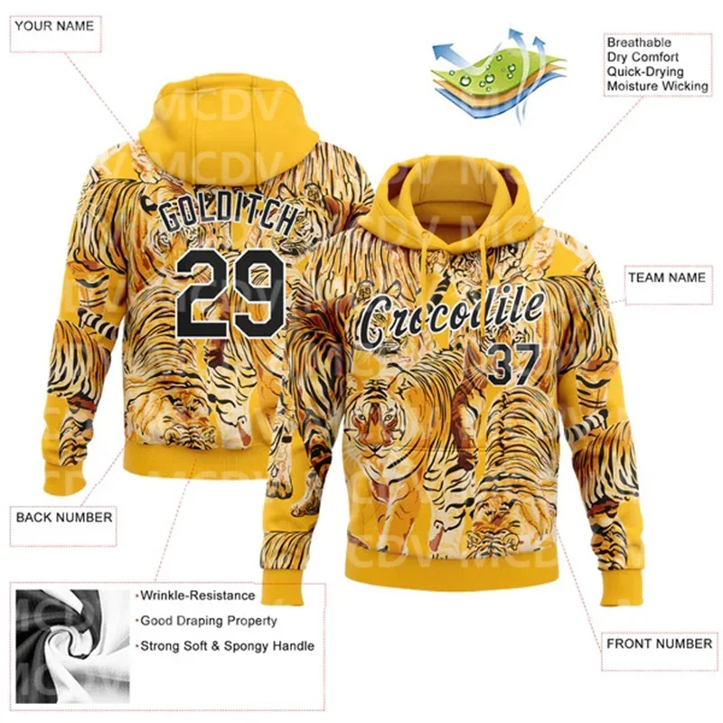 Custom Stitched Gold Black-White 3D Pattern Design Tiger Sports Pullover Sweatshirt Hoodie