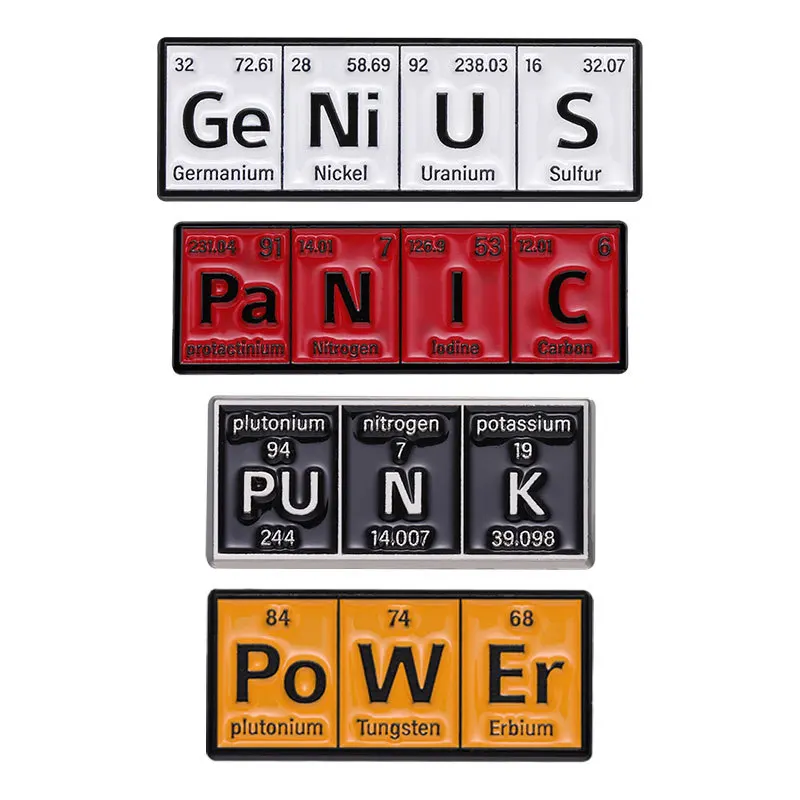 شارة الجدول الدوري الكيميائي ، شكل حرف شخصية ، شارة معدنية ، اكسسوارات الملابس ، دبابيس ، الإبداعية ، هدية للأصدقاء