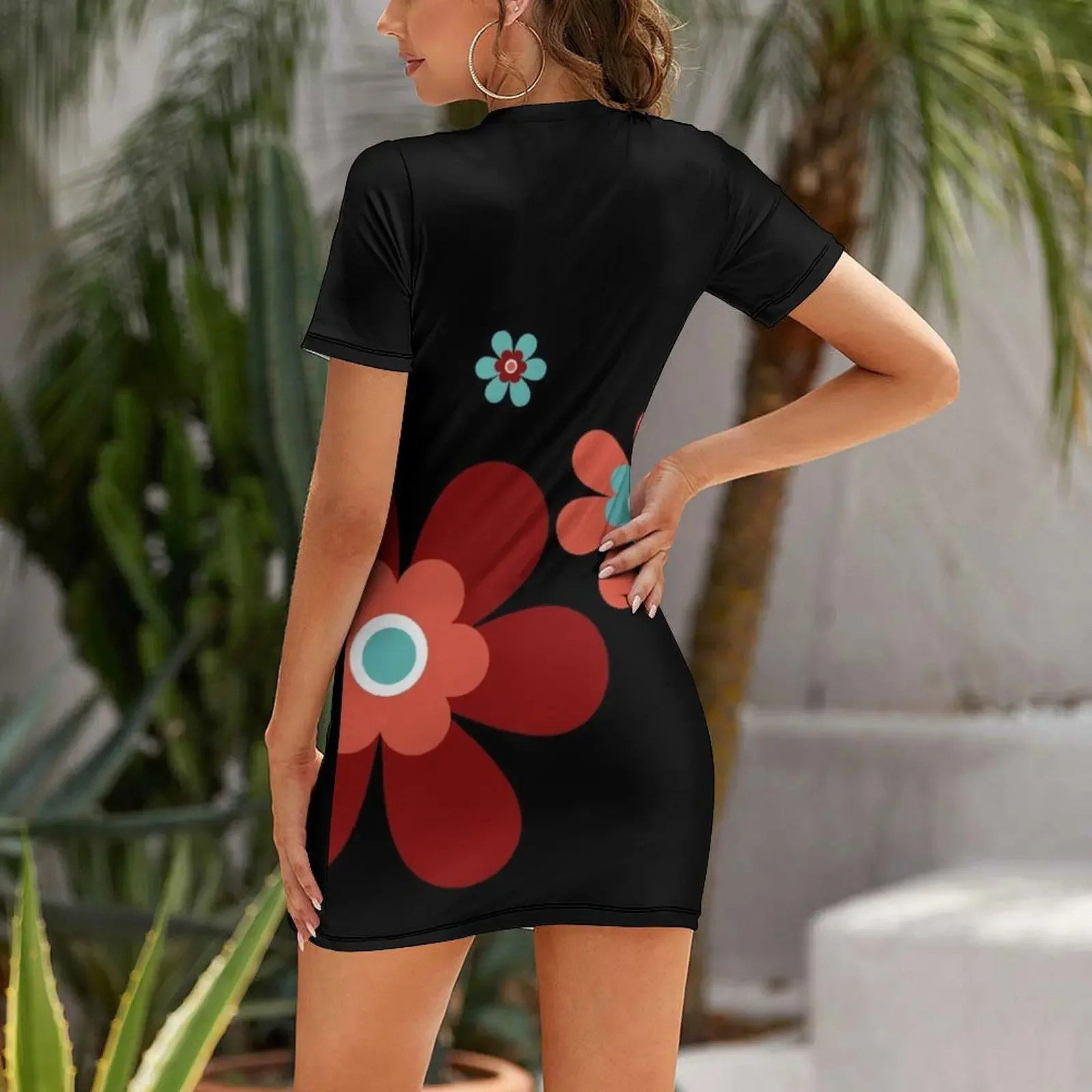 Stand out from the crowd with this vibrant retro 70s simple flower power block colour groovy graphic, in bur Short-Sleeved Dress