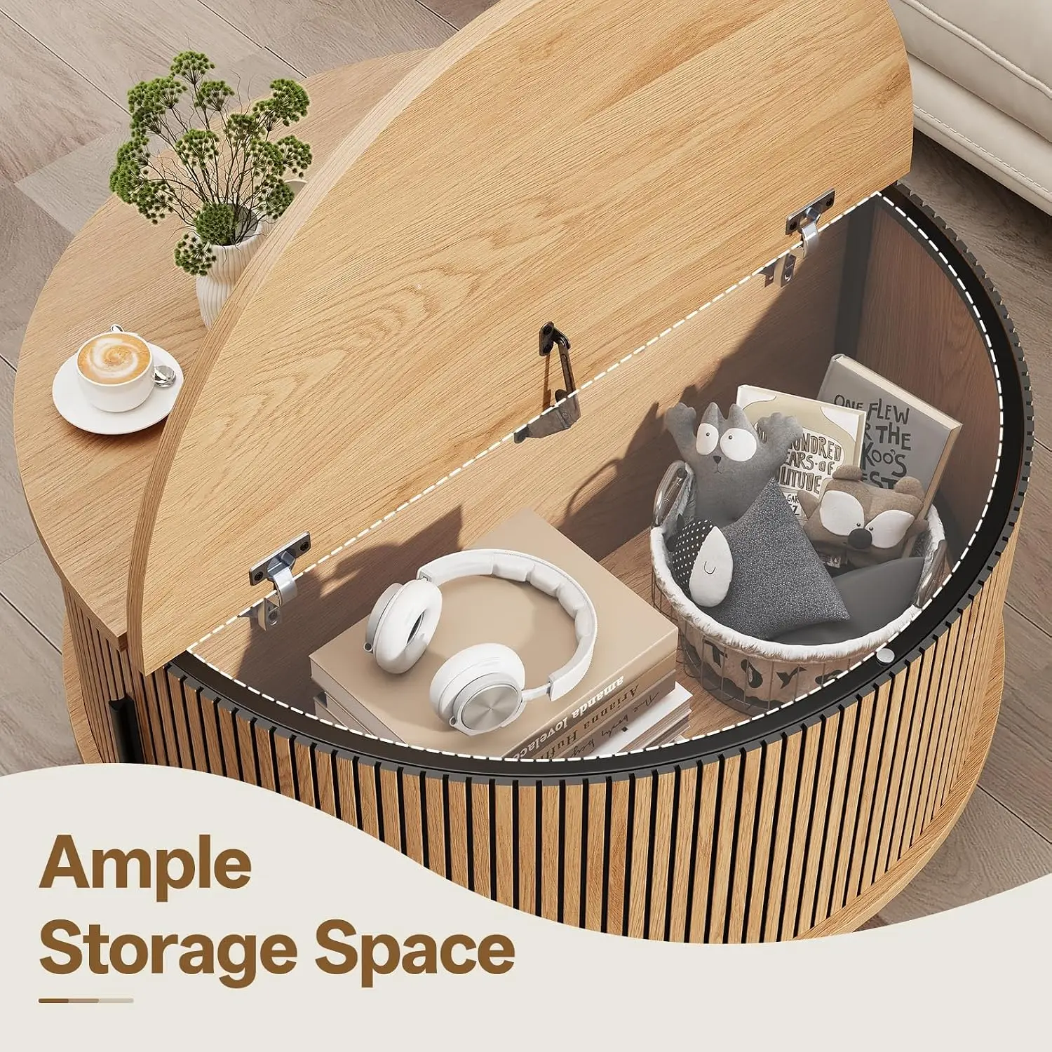Round Coffee Table with Storage Fluted Sliding Door Circle Living Room Home Office 31.5