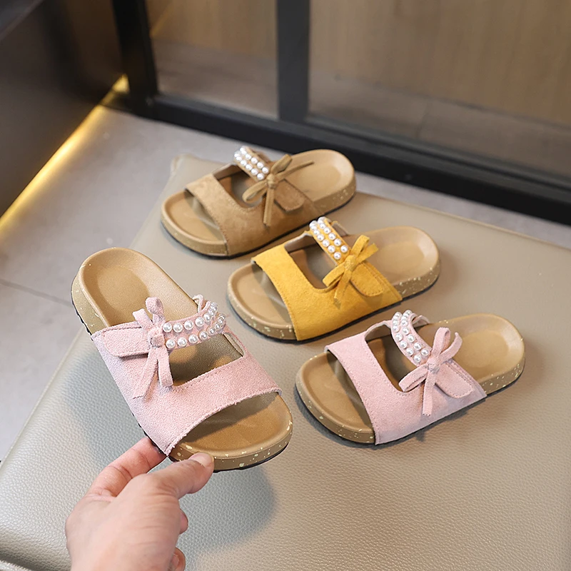 

Girl Fashion Bow Non-slip Slippers 2025 Summer New Fashionable Beaded Princess Sandals Comfortable Soft Sole Kids Beach Slippers