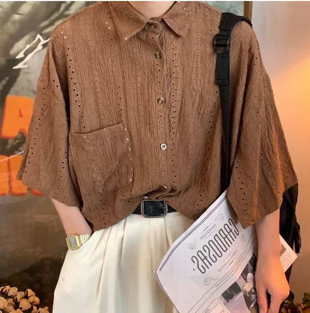  summer men's thin niche neutral lazy style design shirt Japanese retro simple loose hollow-out short-sleeve shirt size 3XL