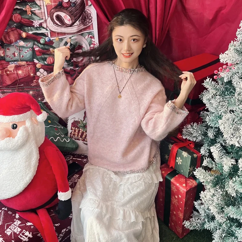 

Sweet Sle round Ne Knitted Sweater Women's Faion Design Alpaca Wool Silk Flower Yarn Belted Knitwear for Women