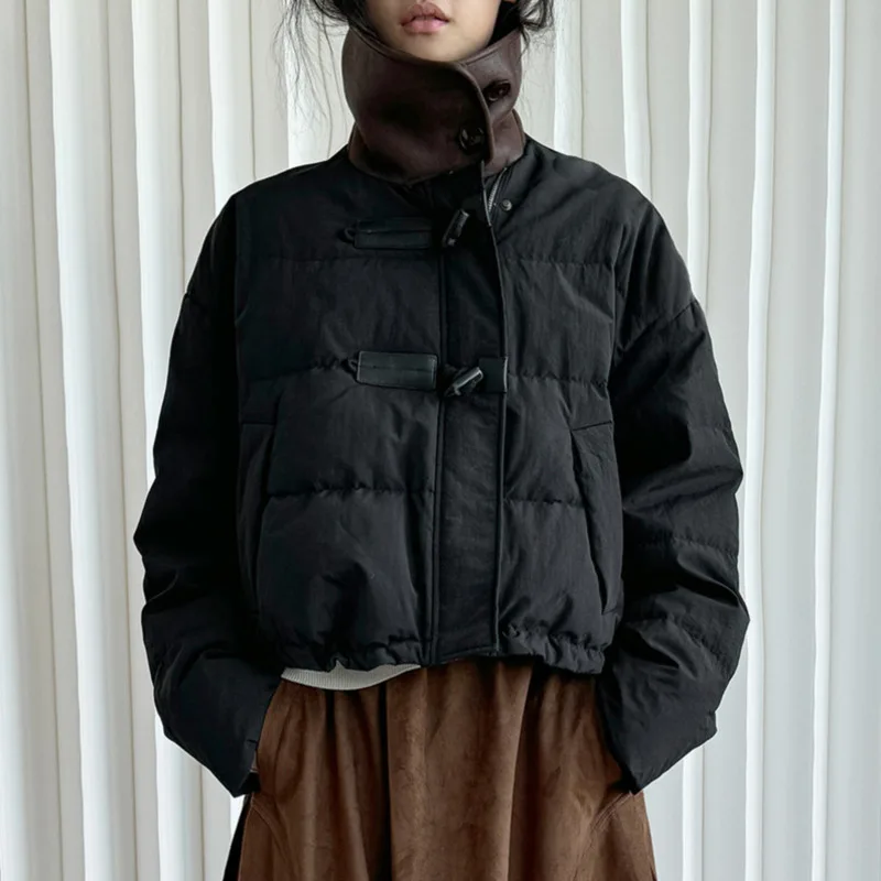 HKSH Women Down Jacket Korean Style Design Lamb Wool Collar Patchwork Loose Casual Dark Stylish Zipper Duffle Short Coat HK27670