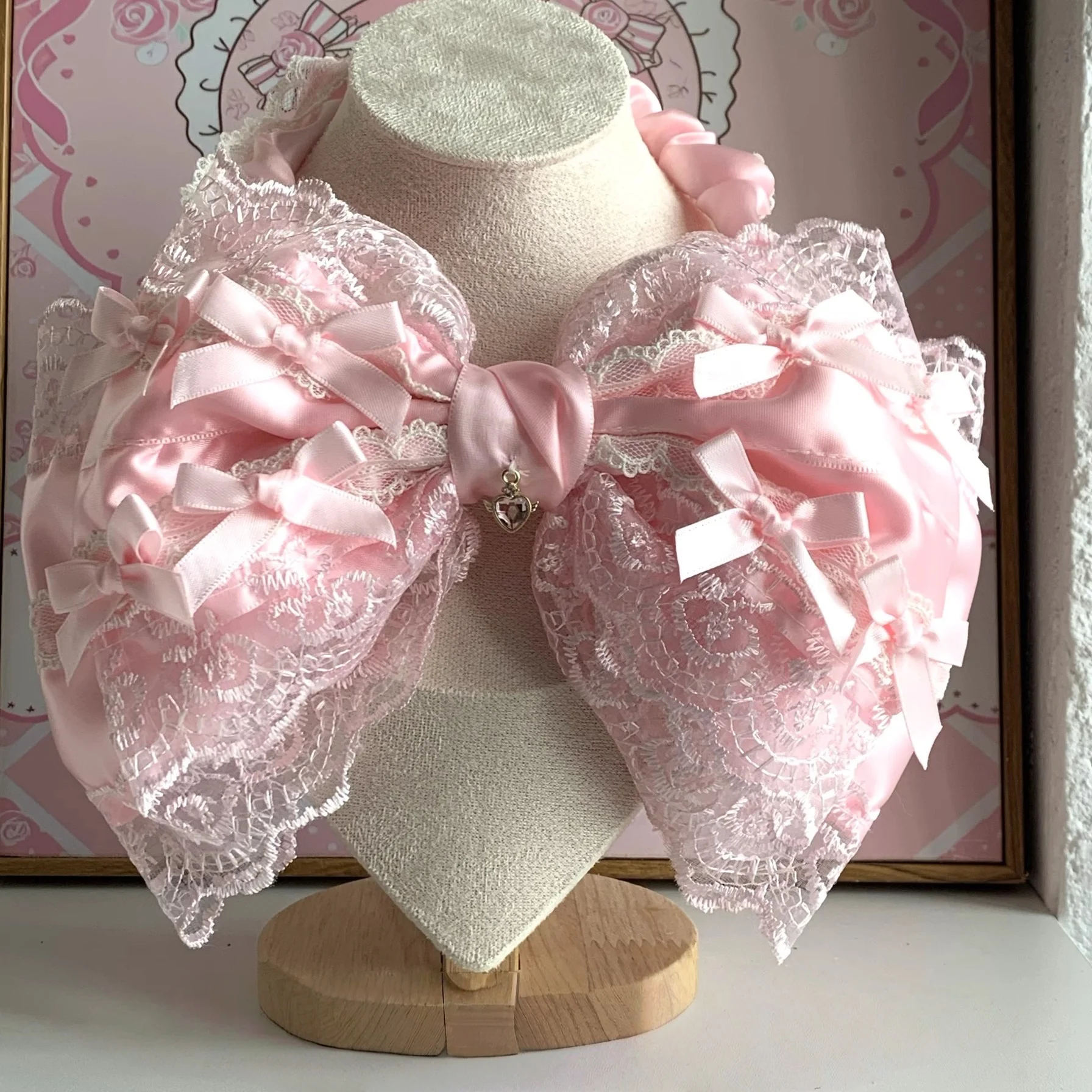 28CM Handmade Doll Ruffled Pink Lace Headband Lolita Gothic Multilayes Y2K Girl Harajuku Hairbands Princess KC Hair Accessories