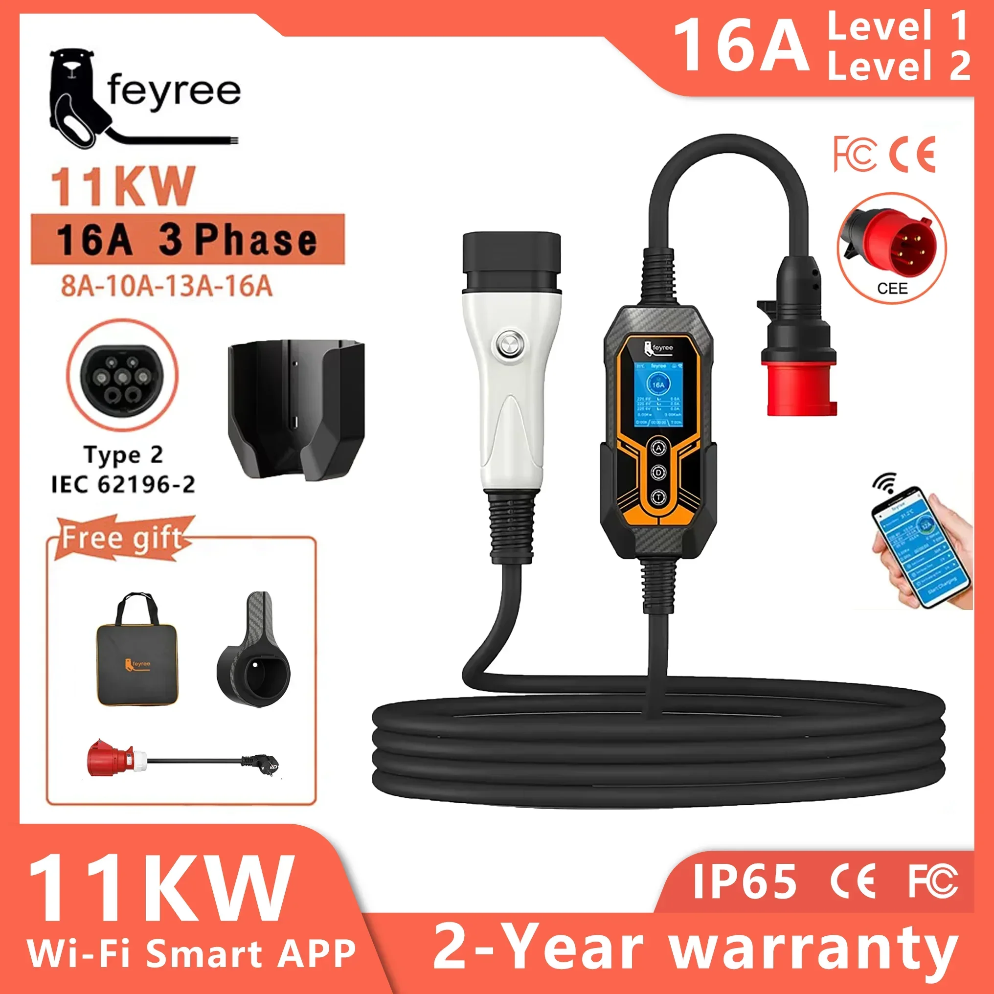 feyree EV Charger Portable Newly upgraded with wall holder Type2 16A11KW 3 Phase Wifi APP control EVSE Charging Box with adapter