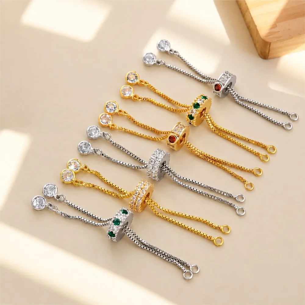 1Piece 18K Gold Plated Adjustable Inlay Zircon Bead Extension Slider Box Chain For DIY Bracelet Making Jewelry Making Accessorie