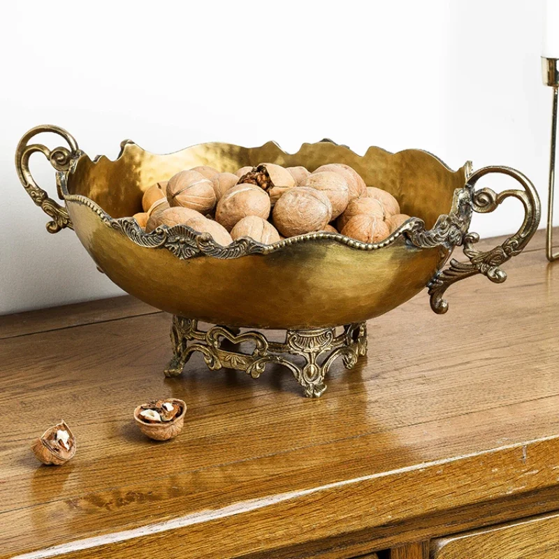 Ornate Brass Fruit Tray with Dual Handles Floral CutOut Dessert Stand Classical Decorative Tray for Elegant Home Styling