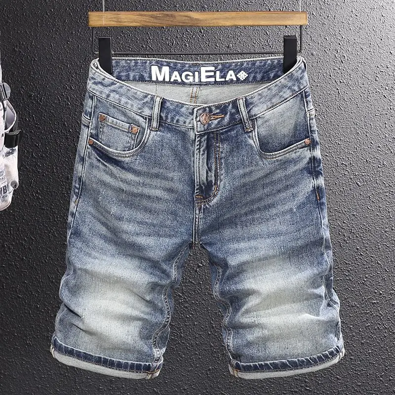 

Новинка лета 2024, высококачественные полированные белые джинсовые шорты, мужские молодежные модные короткие брюки с буквенным принтом, облегающие прямые брюки