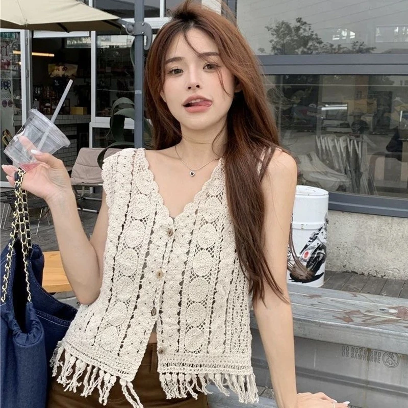 V-Neck Button Front Fringe Trim Crochet Tank Top Women Sleeveless Beige White Summer Cover Up Vest Fashion Short Boho Cardigan