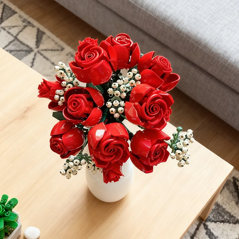 Blocs de construction de Bouquet, 822 pièces, fleur de Rose romantique créative, décoration de plante de bureau à domicile, briques à assembler, jouets, cadeau pour anniversaire