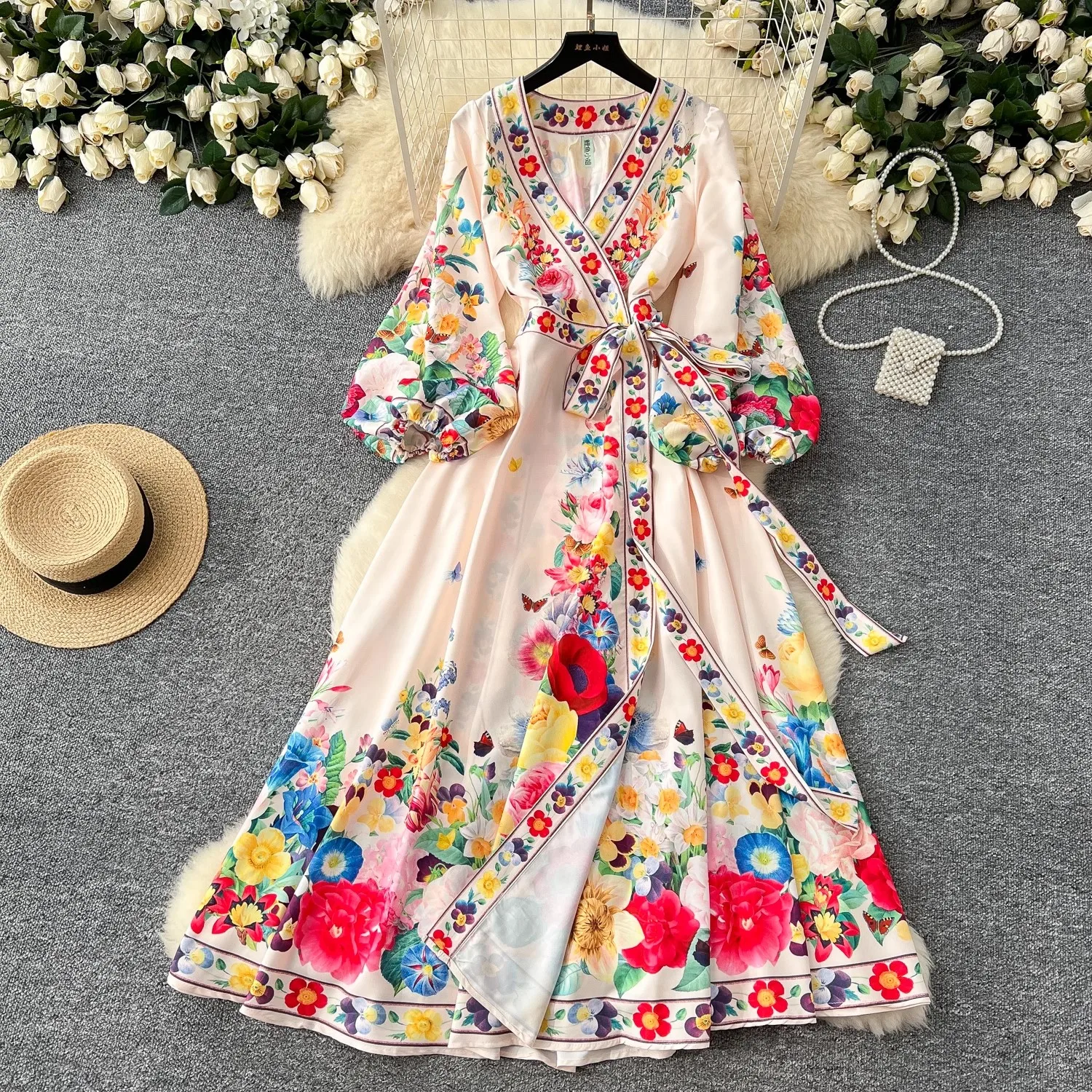 Autumn Retro Bohemian Flower Dress Holiday Cross V Neck Lantern Sleeve Vintage Print Bandage Lace Up Robe Vestidos Maxi Clothes