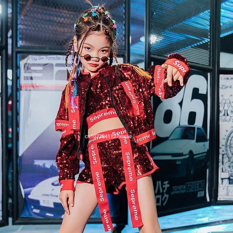 Costume da spettacolo di danza di strada per bambini, paillettes di danza jazz, costume da spettacolo di danza di strada hip-hop per ragazzi e ragazze