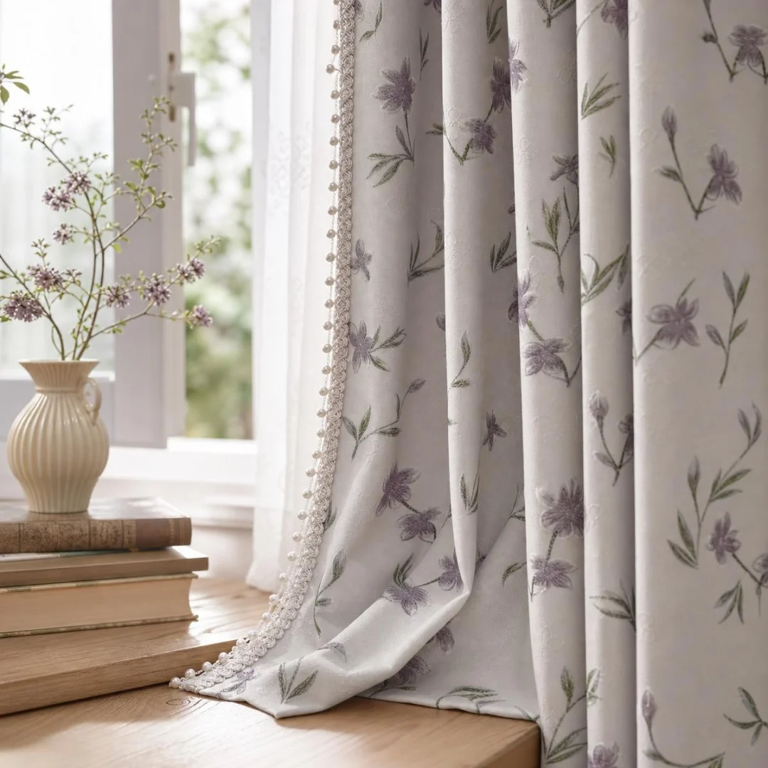 Vintage French Purple Floral Jacquard Blackout Curtain, Exquisite Pearl Tassel Braid Trim Decorative Window Drapes for Bedroom