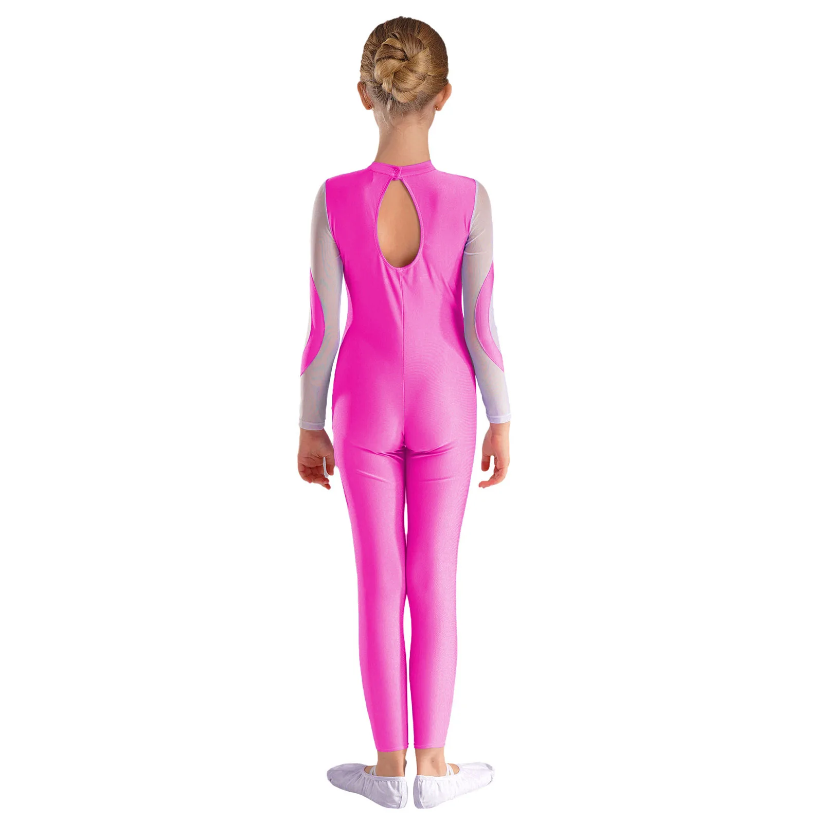 Kids Girls Ballet Unitards Jumpsuit Sheer Mesh Long Sleeve Bodysuit Figure Skating Dance Gymnastics Dance Performance Costumes