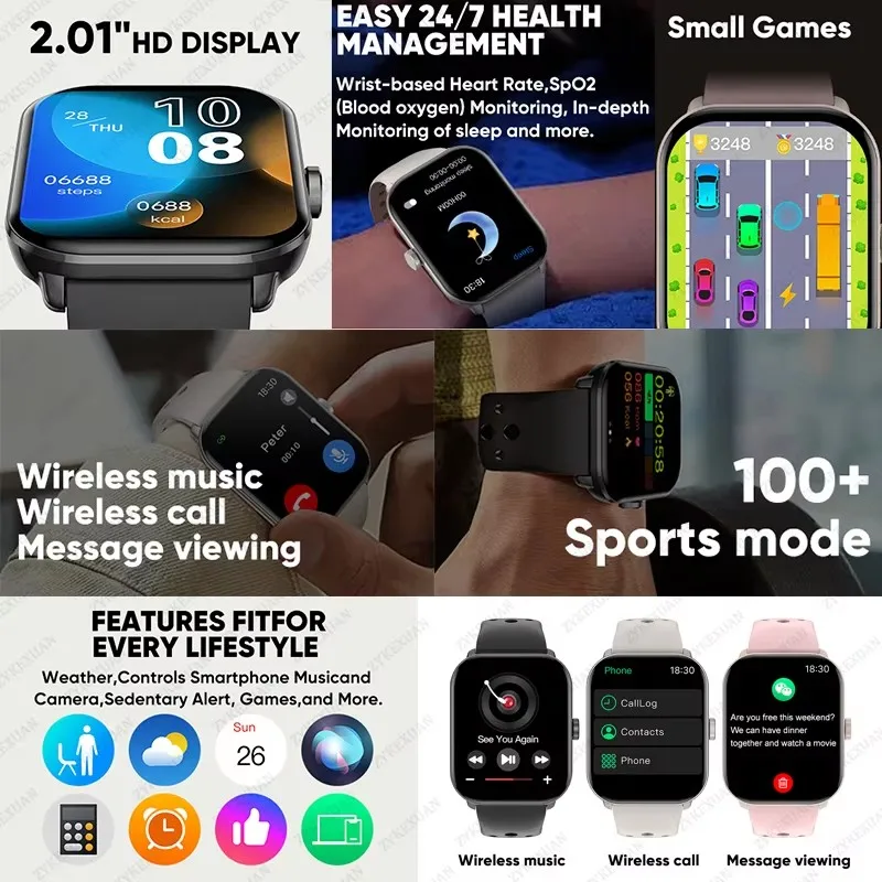 For Huawei Xiaomi Smart Watch Men Women 2.01-Inch HD Full Touch Screen IP67 Waterproof Bluetooth Call Health monitor Smartwatch