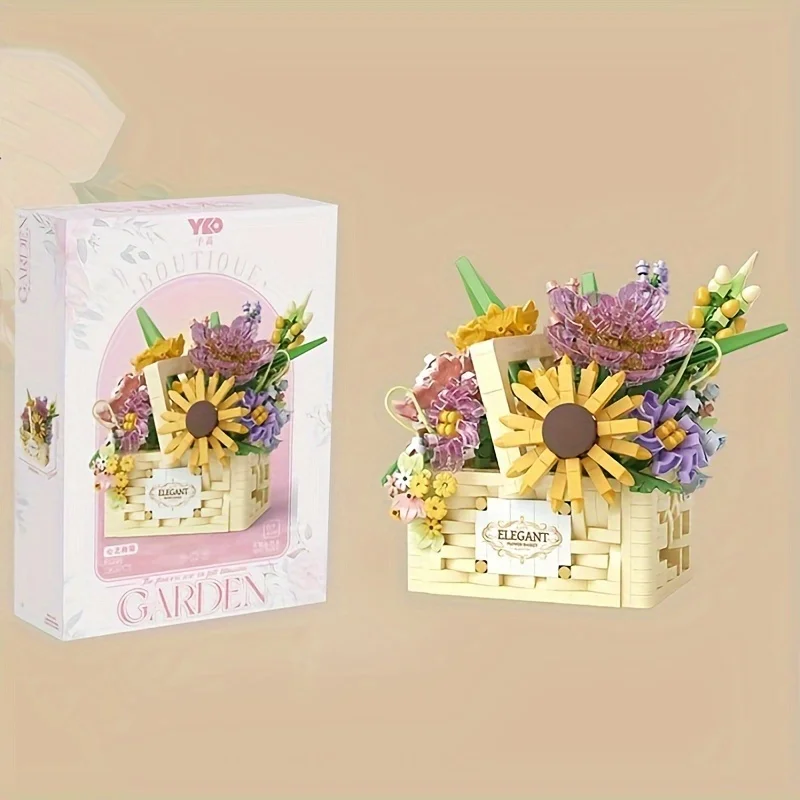 1263 peças diy conjunto de blocos de flores perpétuas-kit de modelo de cesta portátil criativa, presente de halloween/natal/aniversário