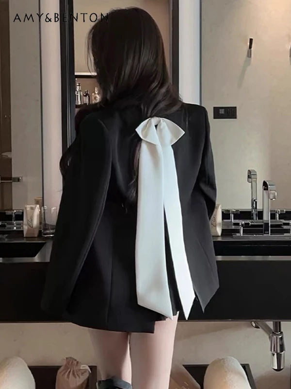 

2024 Autumn New Office Lady Fashion Casual Blazers Back Slit Bow Loose Slim Black Blazer Women High End Graceful Socialite Suit