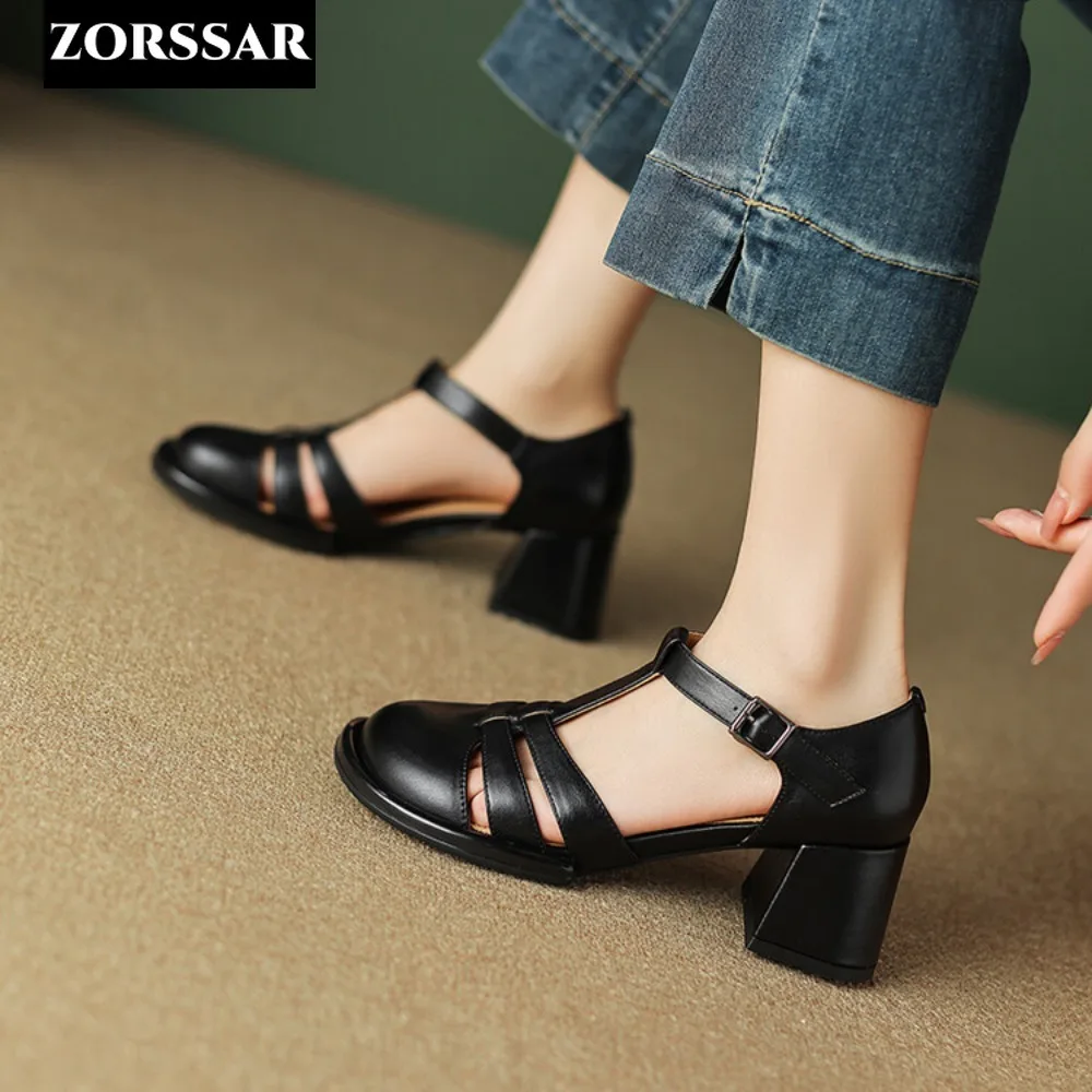 Genuine Leather Square Heel Pumps Women T-Strap High Heel Roman Sandals Baotou Summer Elegant Lady Heeled Shoes Sandalias Mujer