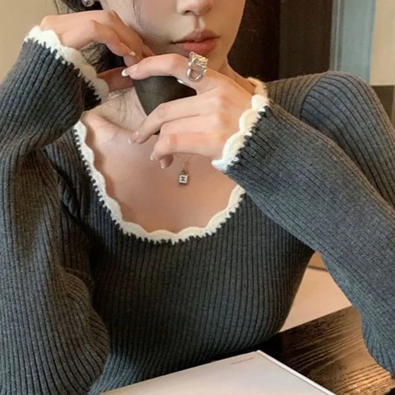 

Women Knitting Base Layer 2025 Autumn New Women's Retro Color Block Knit Top French Elegance Slim Fit Stylish Inner Wear Sweater