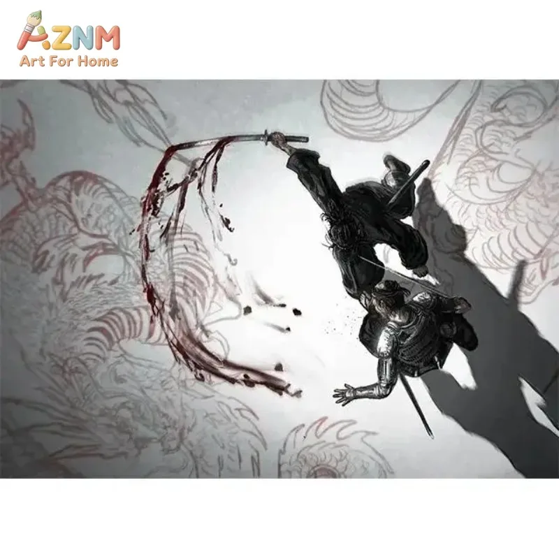 Black White Samurai Canvas Wall Art Japanese Bushido Warrior Ink Painting Vintage Manga Style Man Cave Bedroom Decor Unframed