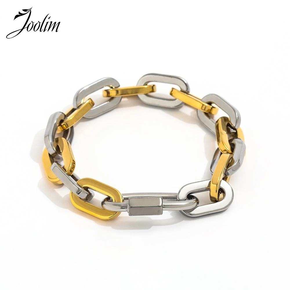 

Joolim Jewelry Wholesale High End PVD No Fade Fashion Chunky Solid Two-tone Mountain Buckle Stainless Steel Bracelet for Women