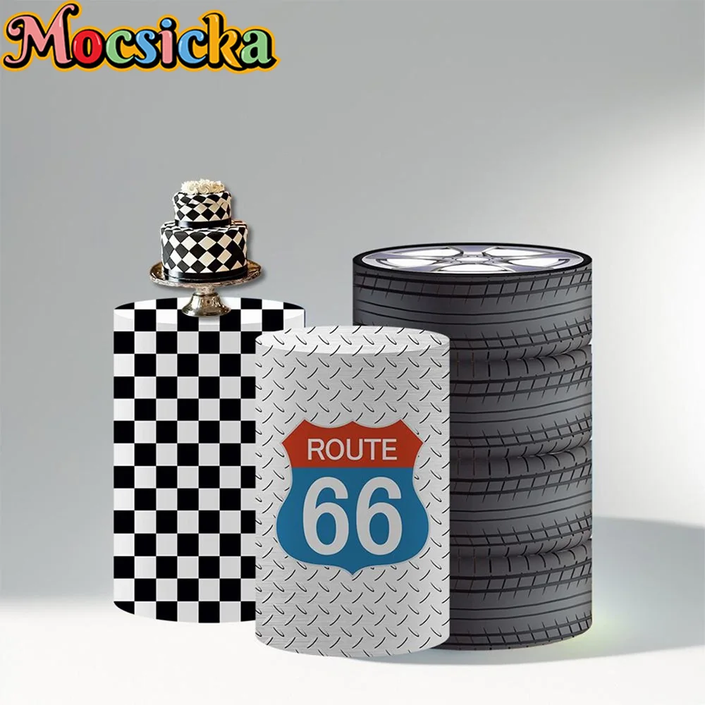 Mocsicka Cylinder Backdrop Decor Cartoon Racing Tires Girl Kid 1st Birthday Party Photography Background Baby Show Custom Cover