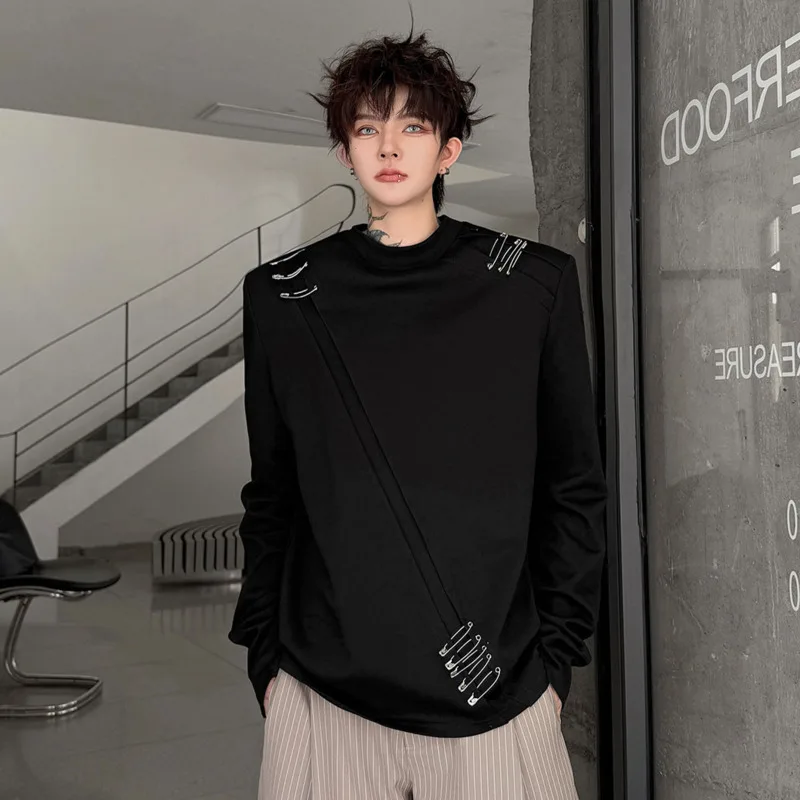 WVGA 2026 Autumn New Men Solid Color Stand Collar Long Sleeved T-Shirts Niche Chic Casual Decorative Pins Trendy Tops Ins W27086