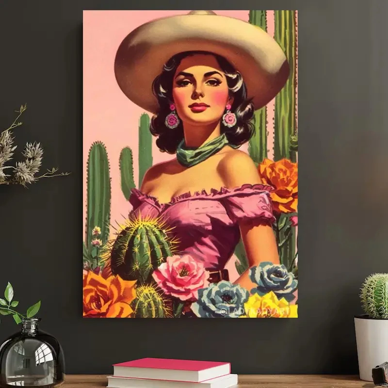 Modern Chica Latina Cowgirl Portrait Canvas Prints Retro Plant Cactus Flower Wall Art Poster for Living Room Mexican Home Decor