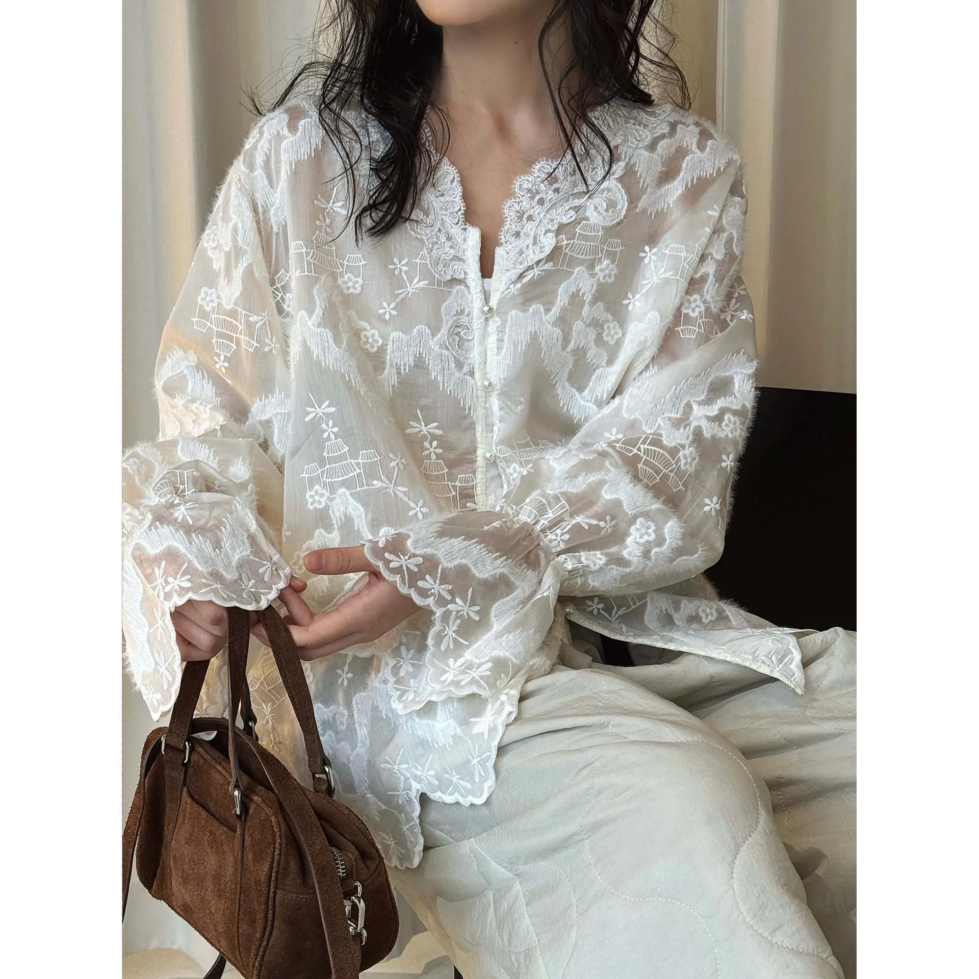 

White V-neck Embroidery Lace Shirt With Three-dimensional Buttons Elegant Women's Top