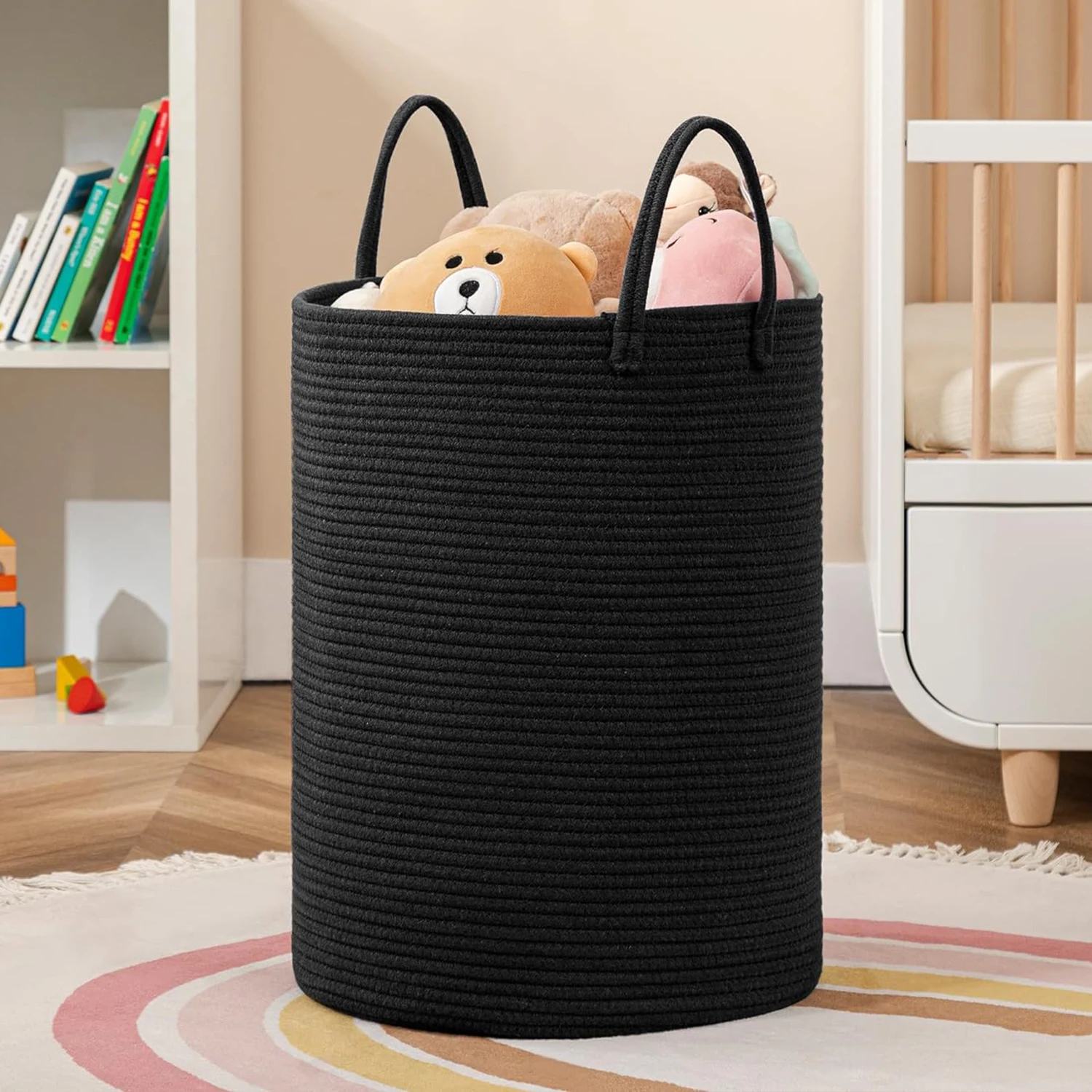 Grand panier de rangement décoratif tressé avec poignées, pliable, en corde de coton, pour vêtements