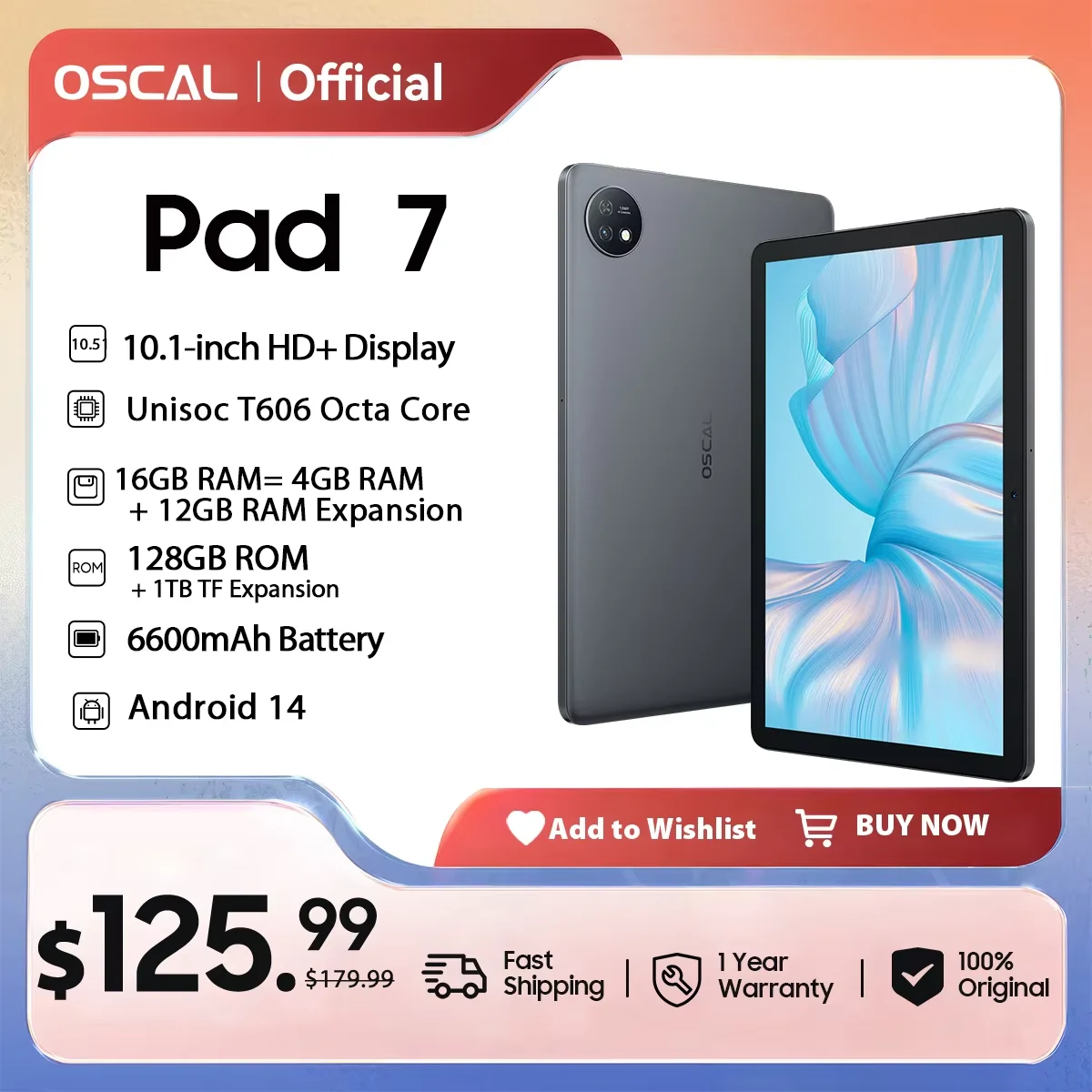 OSCAL Pad 7 Tablet Android 14 10.1'' HD+ Display T606 Octa Core 4GB RAM 128GB ROM 6600mAh 13MP Camera 4G Blackview Tablets PC