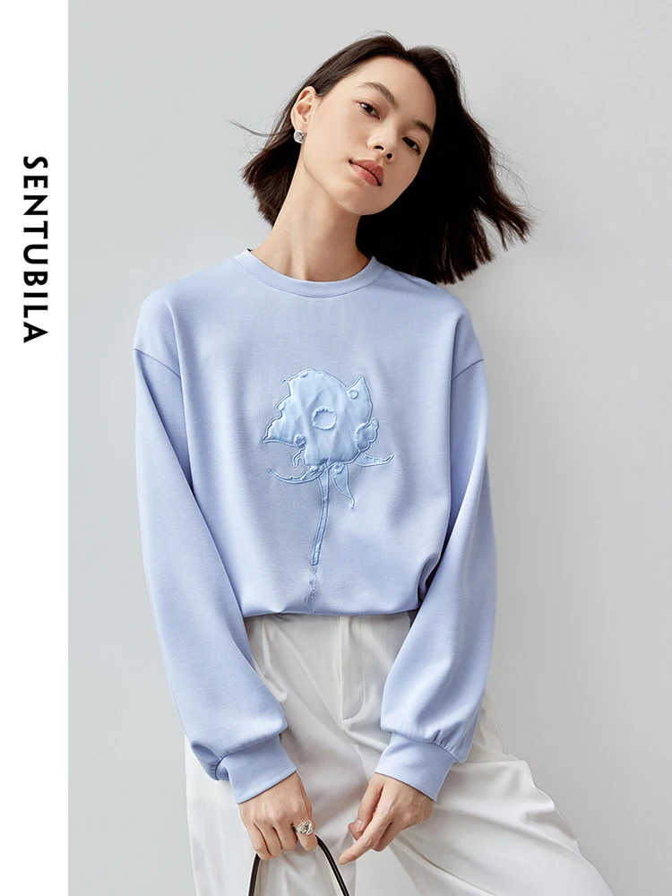 SENTUBILA Patch Embroidery Sweatshirt Fall Women Cotton Knit Pullover Loose Fit Casual Crew Neck Long Sleeve Tops 143A56380