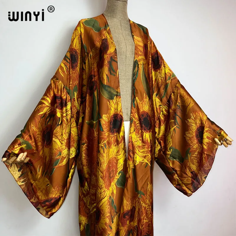 WINYI summer new fashion print Women Cardigan Loose Long Dress elegant Party Boho Maxi beach Holiday Cover Up Kimonos kaftan