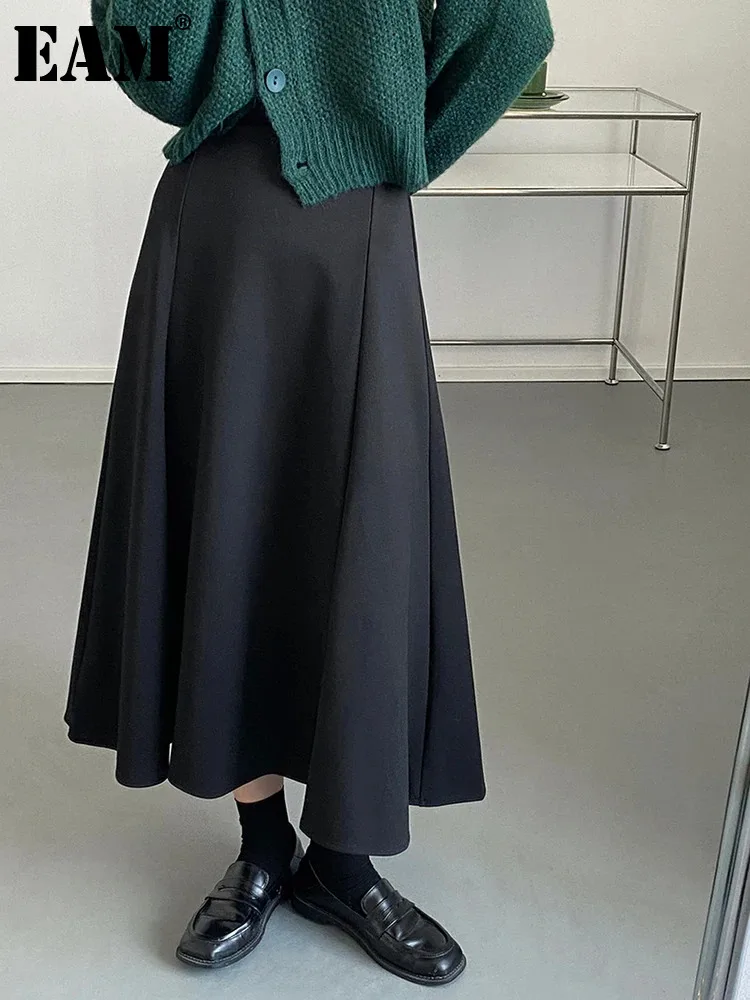 

[EAM] High Elastic Waist Black Brief Elegant Midi A-line Half-body Skirt Women Fashion Tide New Spring Autumn 2024 1DH2132