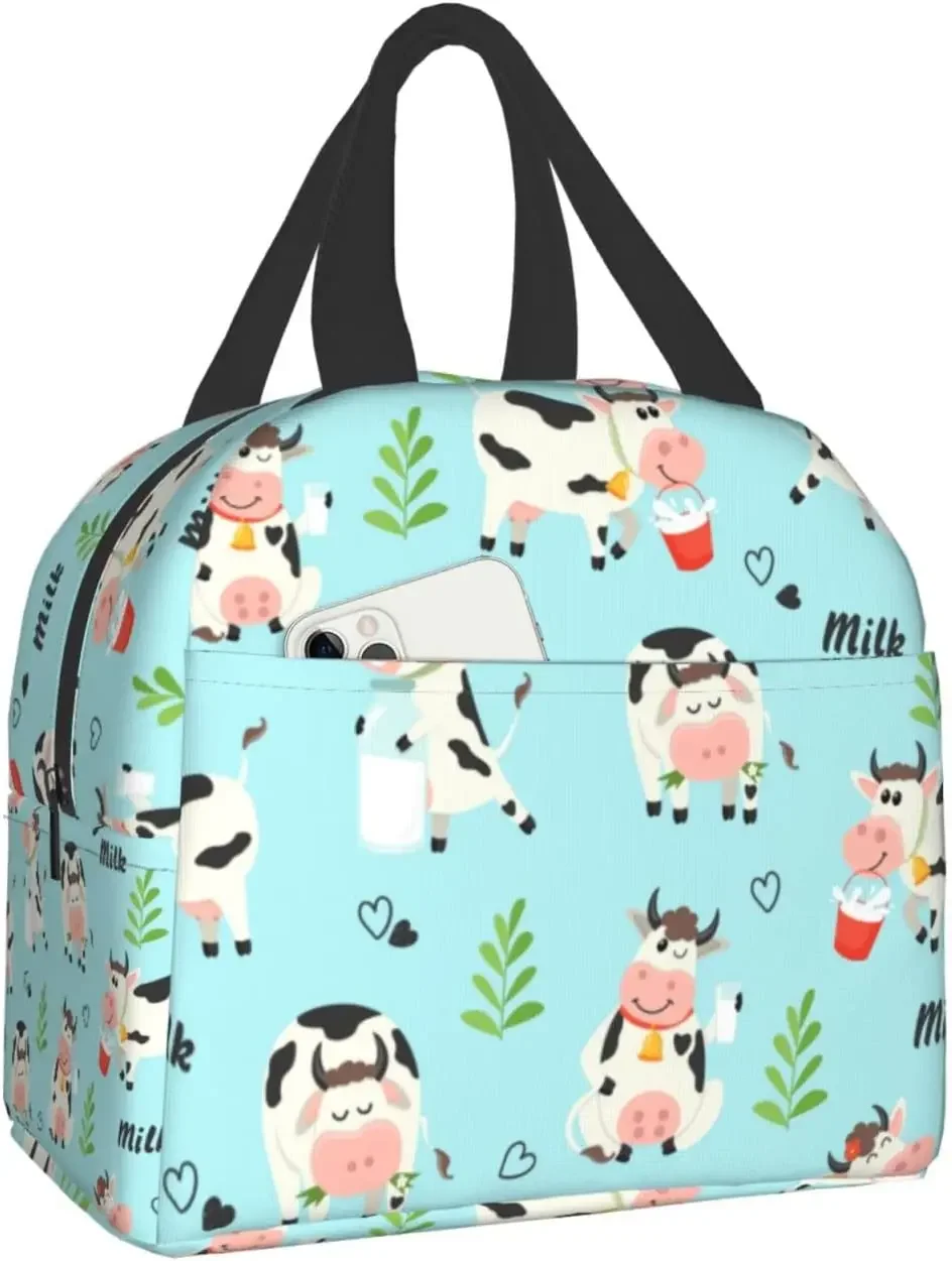 Fiambrera con estampado de vacas de granja y botellas de leche, bolsa de almuerzo de aislamiento pequeña Kawaii, bolsa de comida reutilizable,