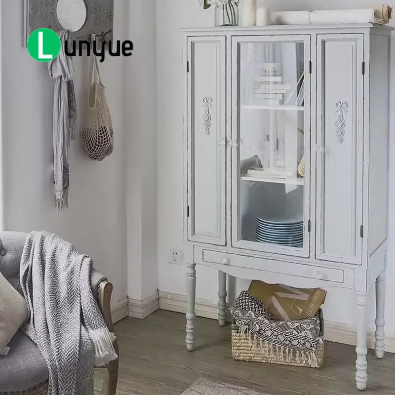 Simple Retro Carved Solid Wood Wardrobe with Glass Door Adjustable Height Decorative Cabinet Sideboard
