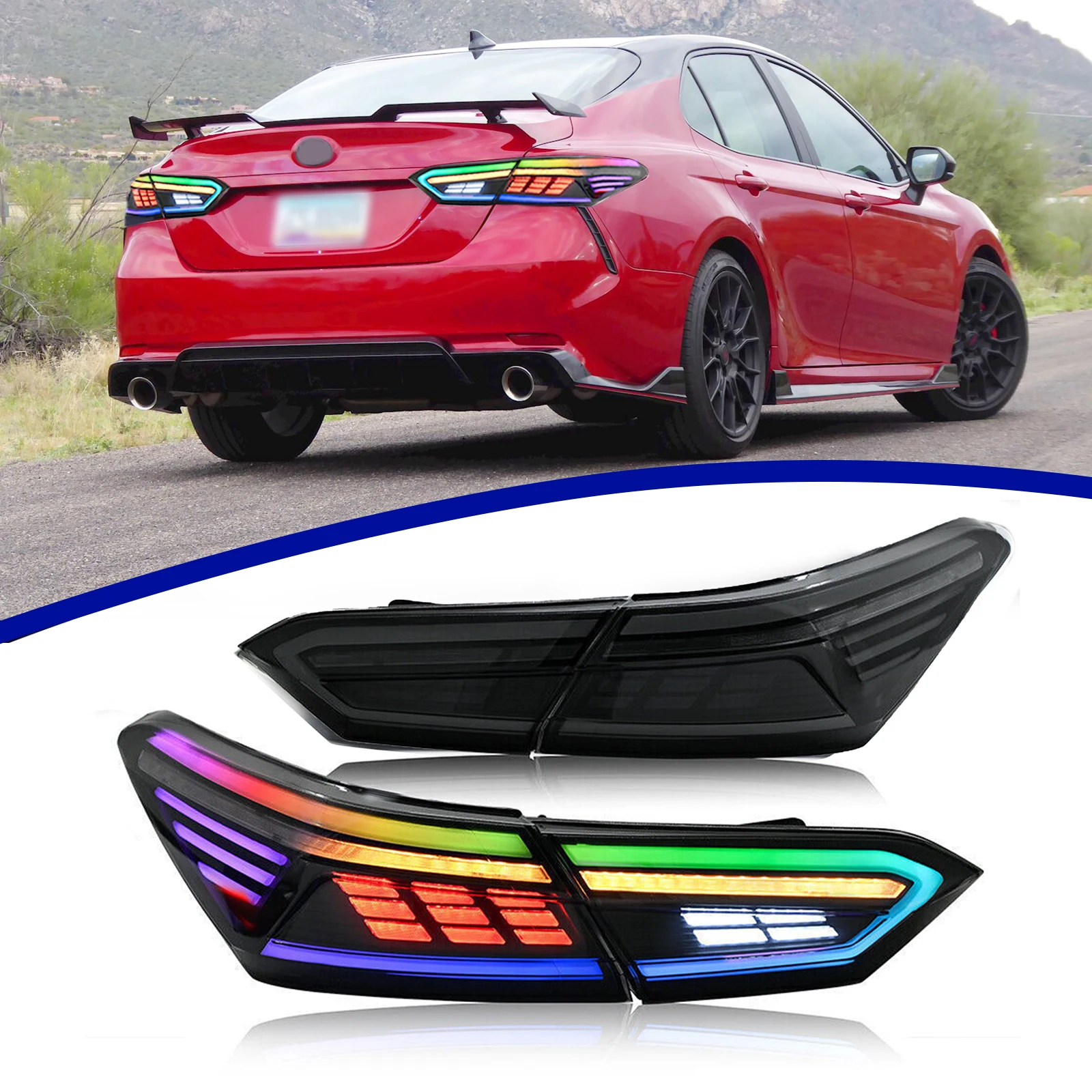

DK MOTION Новый светодиодный задний фонарь для Toyota Camry 8th 2018-2022 Тормоз + Реверс + Противотуманные фары Указатель поворота Автомобильный светодиодный тормозной задний ход