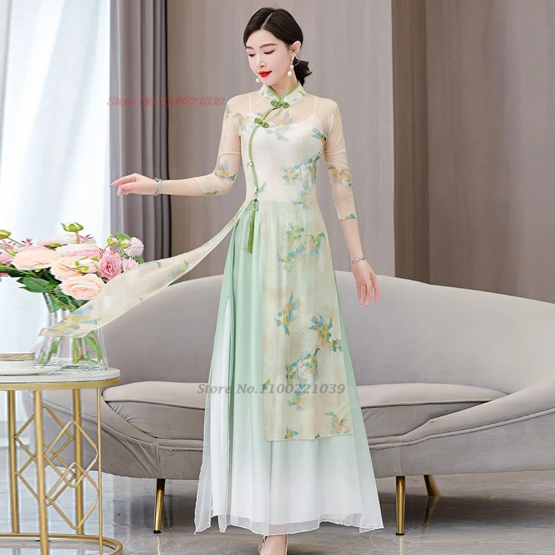 

2025 chinese vintage dance costume flower print mesh qipao tops+pants set retro chiffon dress stage performance dance dress