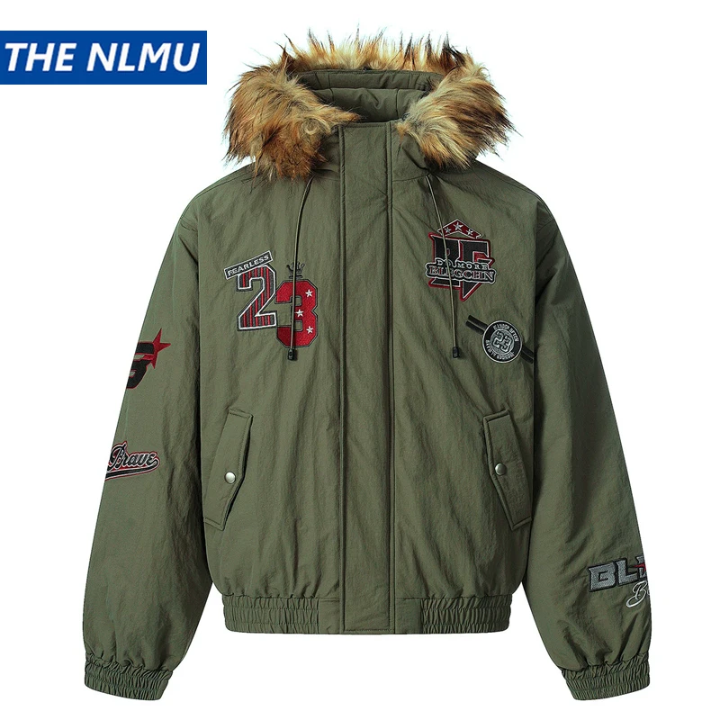 

2025 New Winter Thick Jackets Men‘s Vintage Letter Embroidered Fur Collar Warm Jackets Unisex Short Parka Streetwear Warm Coats