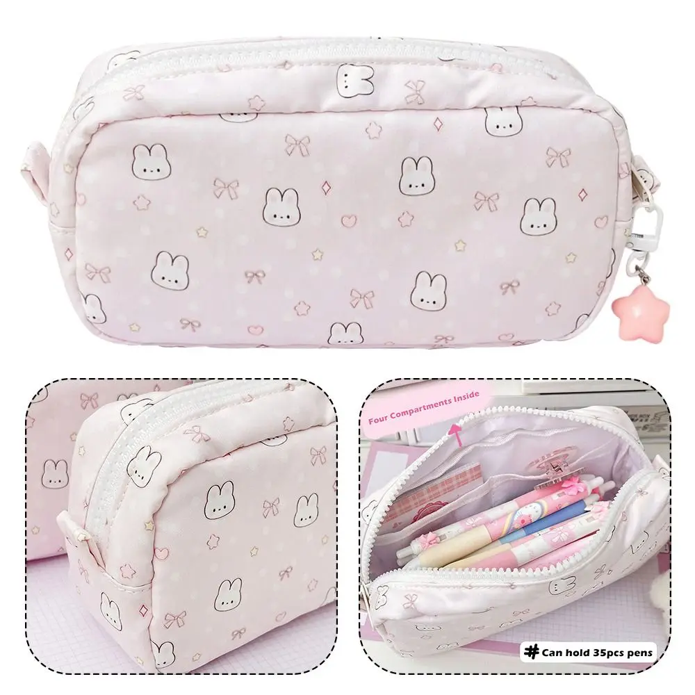 Durable Bowknot Rabbit Pen Bag Soft Touch Multi-functional Pencil Case Stationery Organizer Students Gift