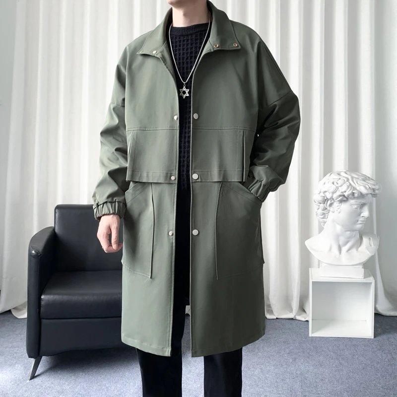 2024 Spring Autumn Mens Loose-fit Trench Coat Stylish Hong Kong Style Medium-length Overcoat Male  Fashion long Windbreaker