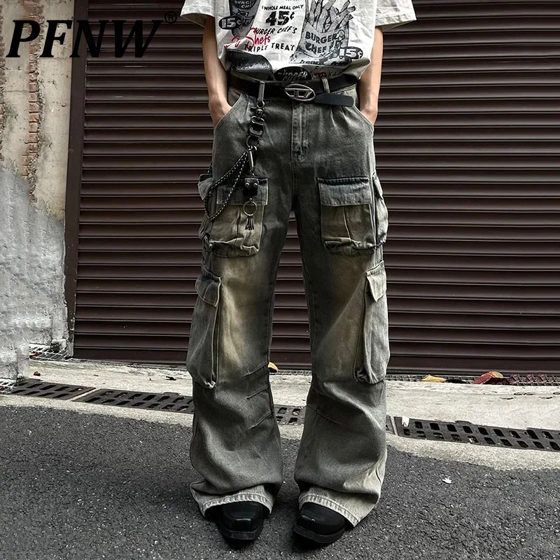 PFNW Male Denim Pants Casual Big Pockets Worn-out Cargo Trousers Solid Color Straight Loose Wide Leg Men's Jeans Autumn 12C656