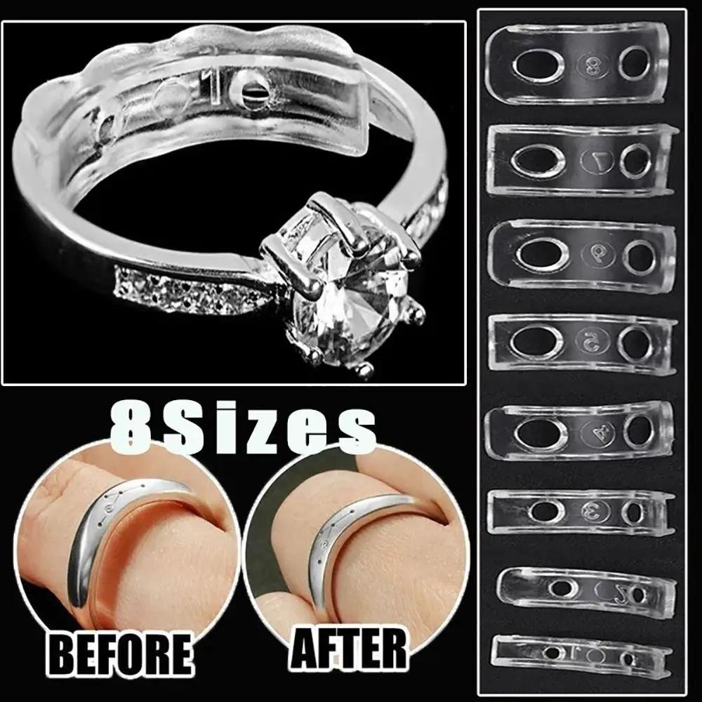 8Pcs Adjustment Cushion Ring Size Adjuster Invisible Fixed Tightener Ring Resizer Silicone Clear Jewelry Guard Spacer Tool