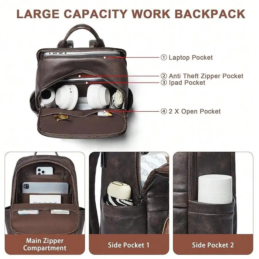Large Capacity Leather Laptop Backpack For Women With Anti Theft Zipper And Multiple Pockets